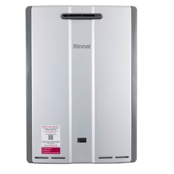 Rinnai N Series 1300e Low-NOx 47kW Condensing Natural Gas Water Heater gray with sticker